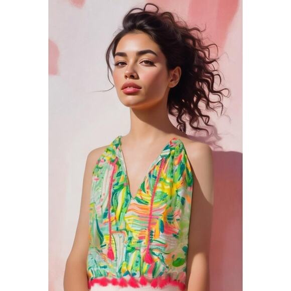 Lilly Pulitzer Roxi Colorful Beach Top Pink Tassel Trim Women's Sz Small New NWT - Picture 1 of 10